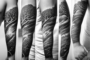 Full arm sleeve with ocean background and trees, main focus being animals and Greek mythology tattoo idea