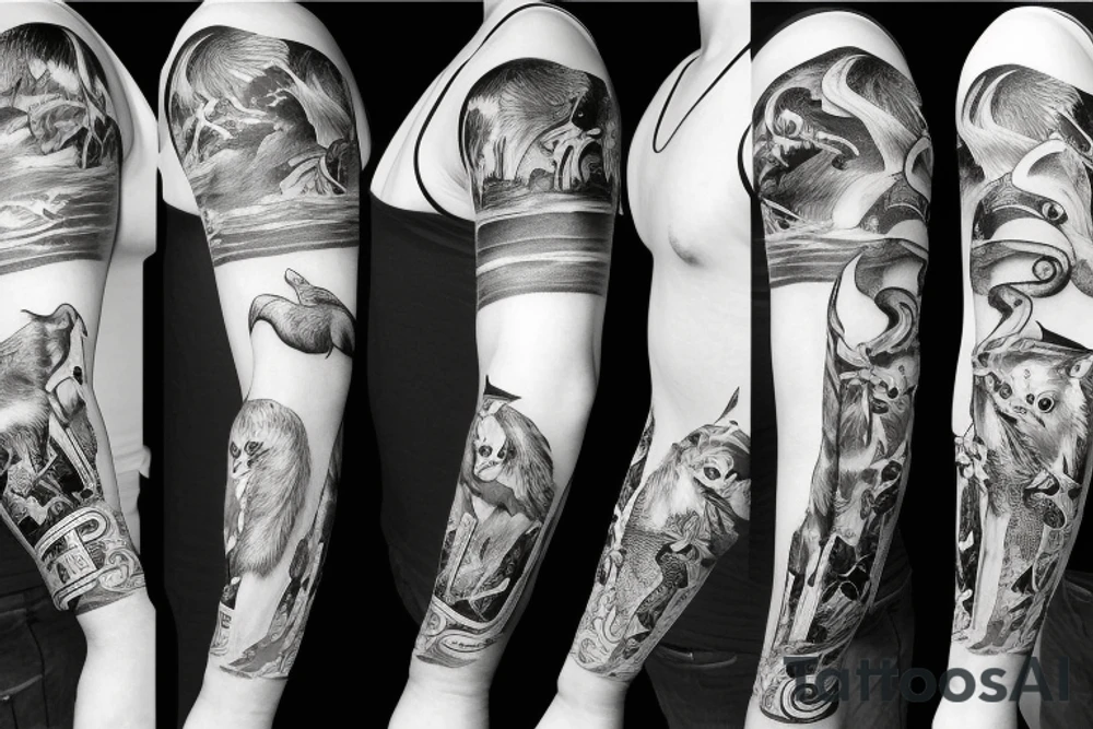 Full arm sleeve with animals and Greek mythology tattoo idea
