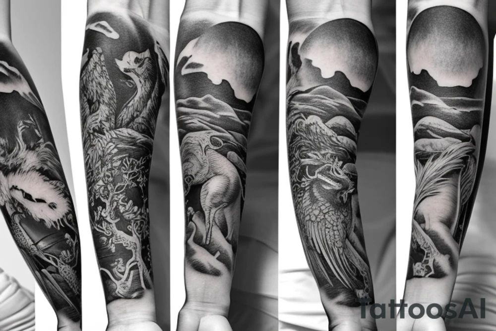 Full arm sleeve with animals and Greek mythology tattoo idea