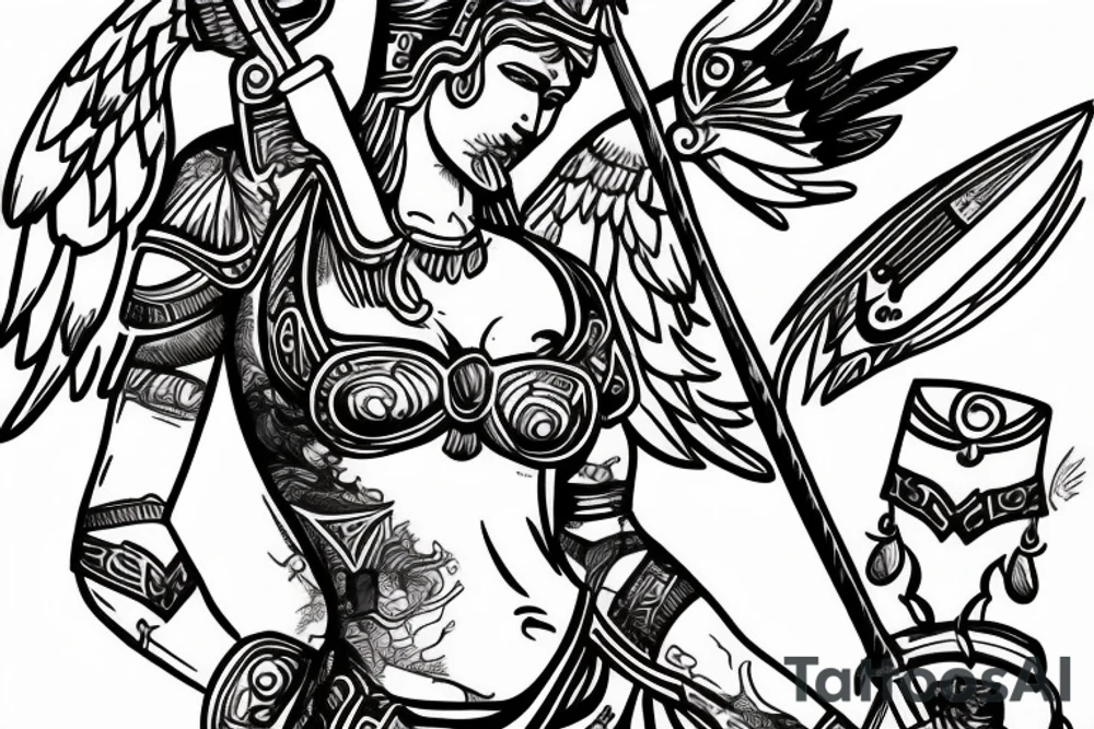 Beautiful goddess athena with weapon , sharp, shot with camera, 8k tattoo idea