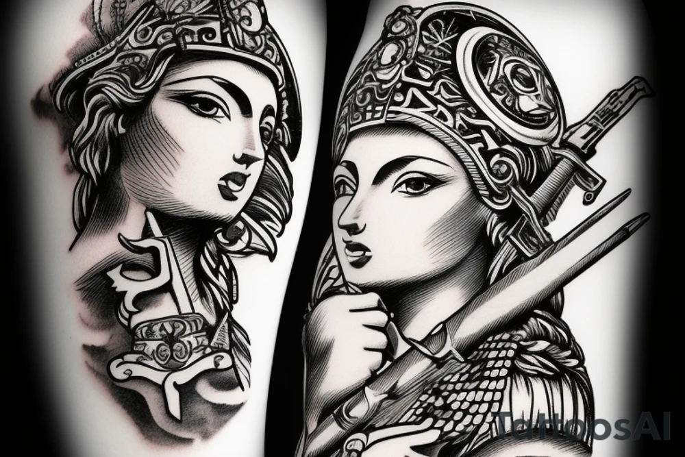 Beautiful goddess athena with weapon , sharp, shot with camera, 8k tattoo idea