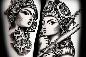 Beautiful goddess athena with weapon , sharp, shot with camera, 8k tattoo idea