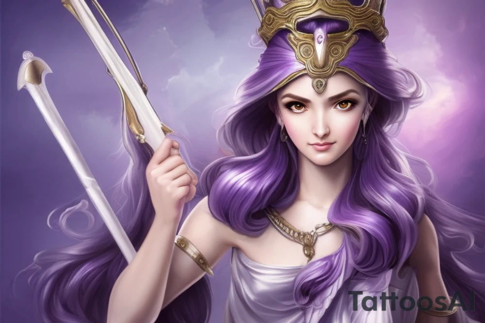 Beautiful goddess athena with weapon , sharp, shot with camera, 8k,princess With Long silver Wavy Hair And soft purple Eyes, Soft pale Skin, Beautiful D&D Character Portrait, Detailed, Realistic Face, Digital Portrait, Blue Dress, Fiverr Dnd Character, Wlop, Stanley Artgerm Lau, Ilya Kuvshinov, Artstation, Hd, Octane Render, Hyperrealism tattoo idea