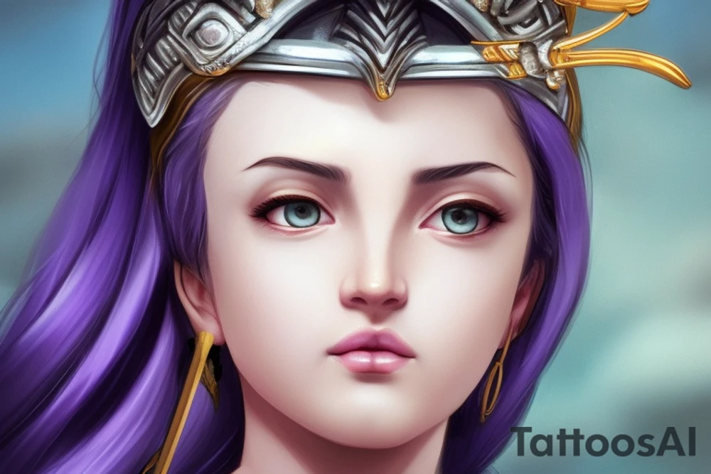 Beautiful goddess athena with weapon , sharp, shot with camera, 8k,princess With Long silver Wavy Hair And soft purple Eyes, Soft pale Skin, Beautiful D&D Character Portrait, Detailed, Realistic Face, Digital Portrait, Blue Dress, Fiverr Dnd Character, Wlop, Stanley Artgerm Lau, Ilya Kuvshinov, Artstation, Hd, Octane Render, Hyperrealism tattoo idea