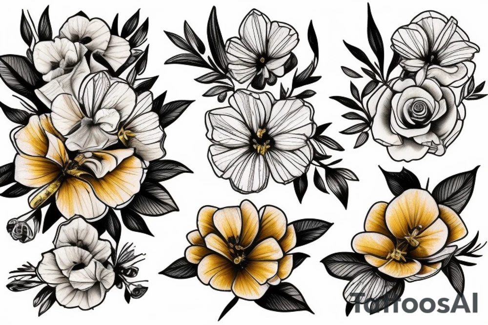 primrose flower  and golden wattle bouquet tattoo idea