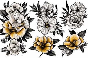 primrose flower  and golden wattle bouquet tattoo idea