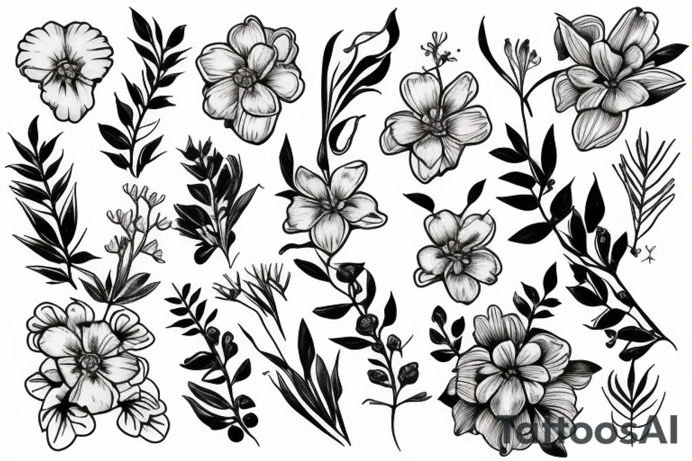 primrose flower  and golden wattle bouquet tattoo idea