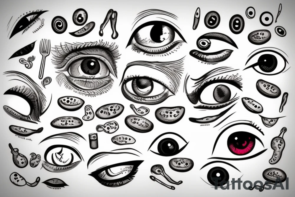 Food items mixed with eyeballs tattoo idea