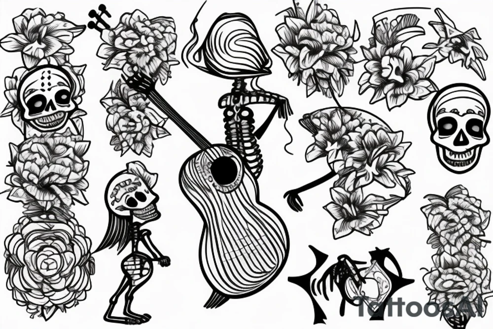 Skeleton hula girl playing a ukulele wearing a grass skirt and wearing a Haku on her head tattoo idea