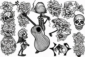 Skeleton hula girl playing a ukulele wearing a grass skirt and wearing a Haku on her head tattoo idea
