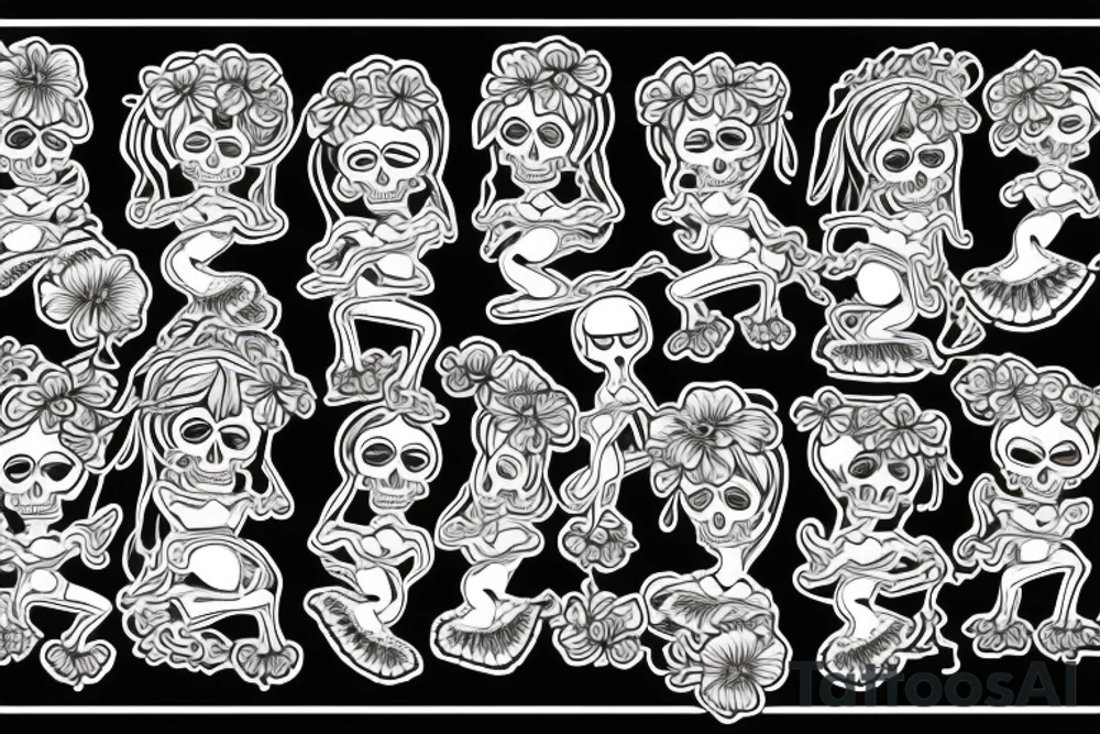 Skeleton hula girl playing a ukulele wearing a grass skirt and wearing a Haku on her head tattoo idea
