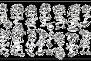 Skeleton hula girl playing a ukulele wearing a grass skirt and wearing a Haku on her head tattoo idea