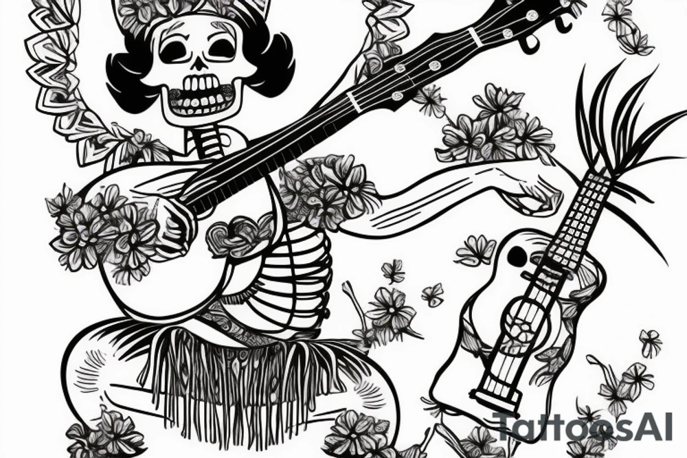 Skeleton hula girl playing a ukulele wearing a grass skirt and wearing a Haku on her head tattoo idea