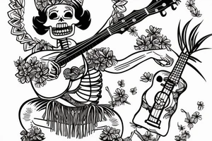 Skeleton hula girl playing a ukulele wearing a grass skirt and wearing a Haku on her head tattoo idea