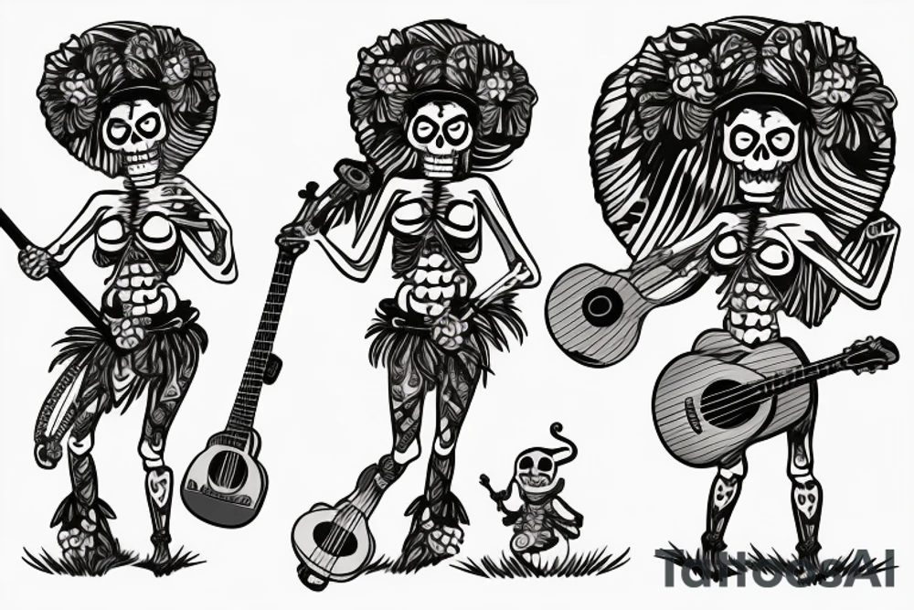 Skeleton hula girl playing a ukulele wearing a grass skirt and wearing a Haku on her head tattoo idea