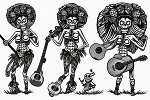 Skeleton hula girl playing a ukulele wearing a grass skirt and wearing a Haku on her head tattoo idea