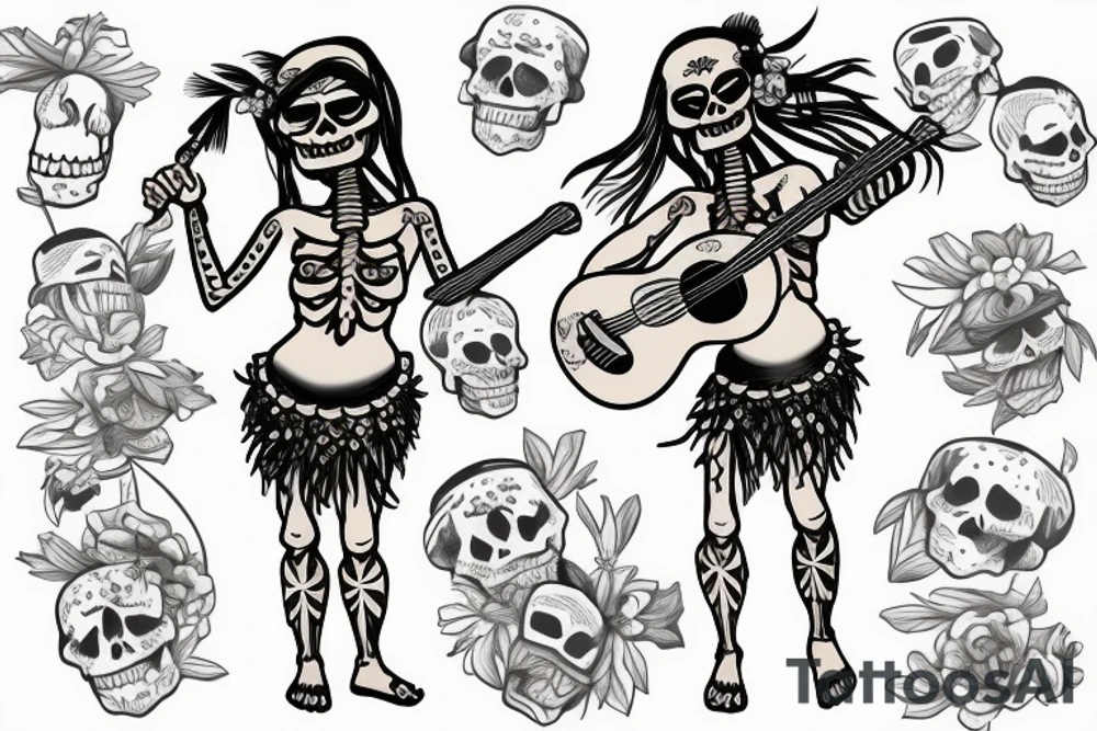 Skeleton hula girl playing a ukulele wearing a grass skirt and wearing a Haku on her head tattoo idea