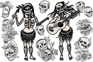 Skeleton hula girl playing a ukulele wearing a grass skirt and wearing a Haku on her head tattoo idea