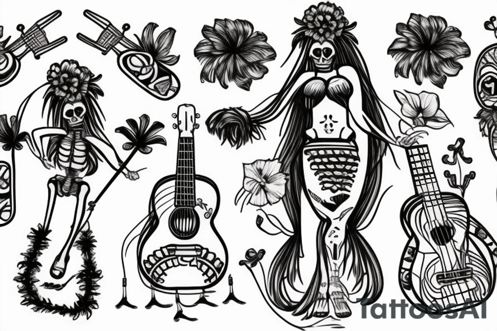 Skeleton hula girl playing a ukulele wearing a grass skirt and wearing a Haku on her head tattoo idea