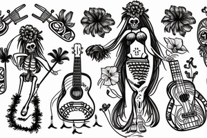 Skeleton hula girl playing a ukulele wearing a grass skirt and wearing a Haku on her head tattoo idea