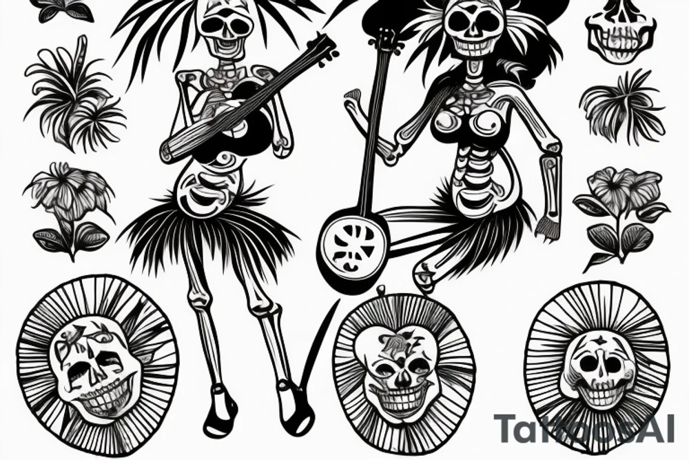 Skeleton hula girl playing a ukulele wearing a grass skirt and wearing a Haku on her head tattoo idea