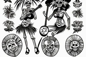 Skeleton hula girl playing a ukulele wearing a grass skirt and wearing a Haku on her head tattoo idea