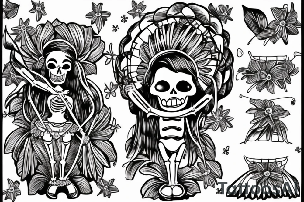 Skeleton hula girl playing a ukulele wearing a grass skirt and wearing a Haku on her head tattoo idea