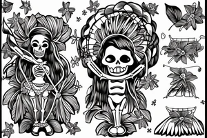 Skeleton hula girl playing a ukulele wearing a grass skirt and wearing a Haku on her head tattoo idea