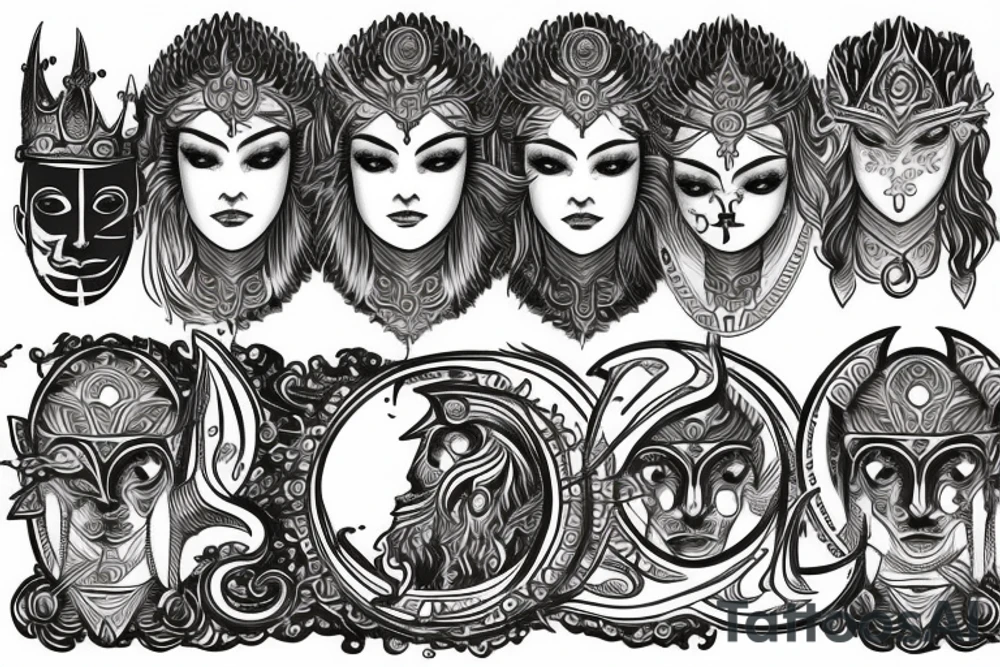 Sun and fire, moon and king with a warrior and goddess parvathi's symbol tattoo idea