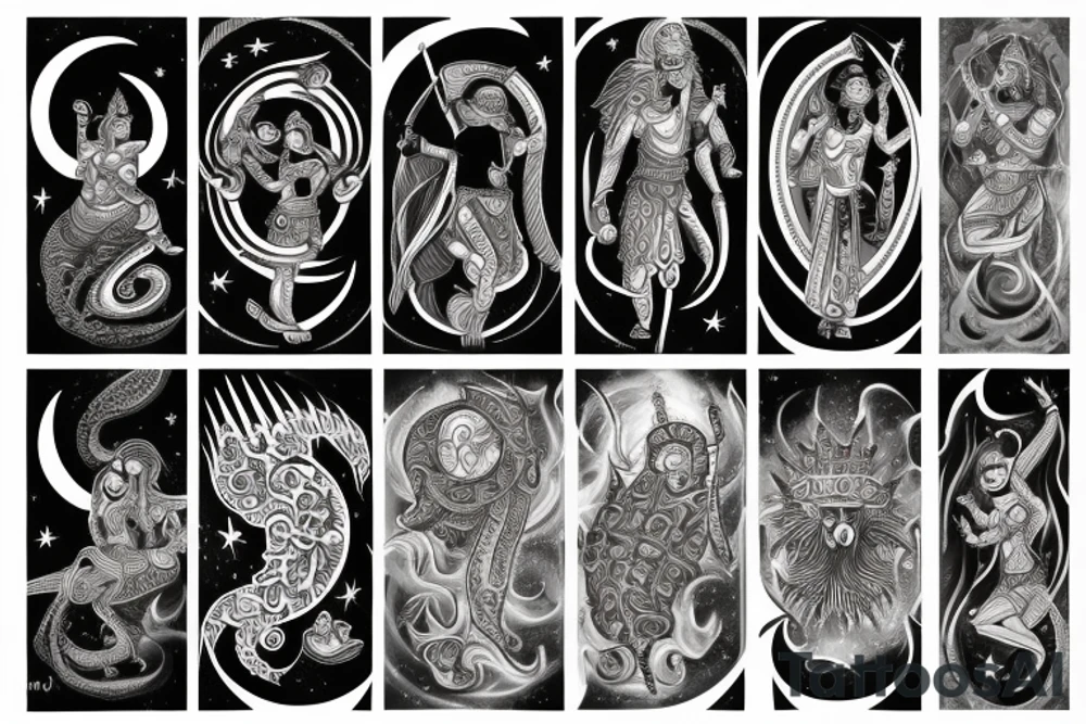 Sun and fire, moon and king with a warrior and goddess parvathi's symbol tattoo idea