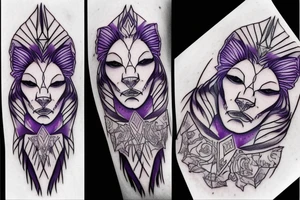 Lioness face with purple eyes and Superman symbol outline behind lioness tattoo idea