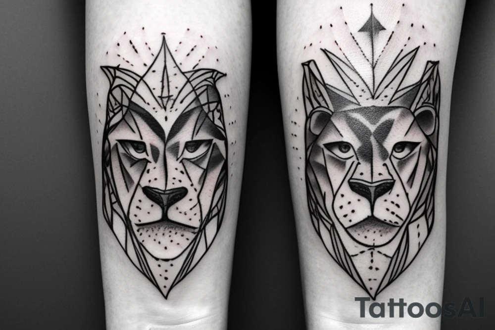 Lioness face with purple eyes and Superman symbol outline behind lioness tattoo idea