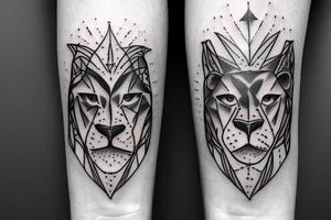 Lioness face with purple eyes and Superman symbol outline behind lioness tattoo idea