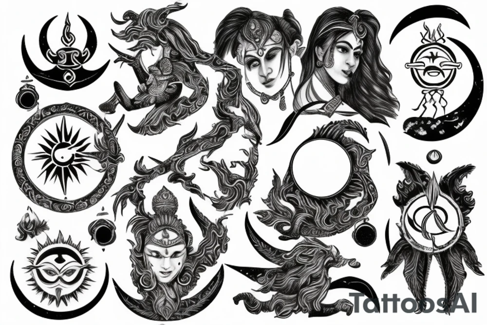 Sun and fire, moon and king with a warrior and goddess parvathi's symbol tattoo idea