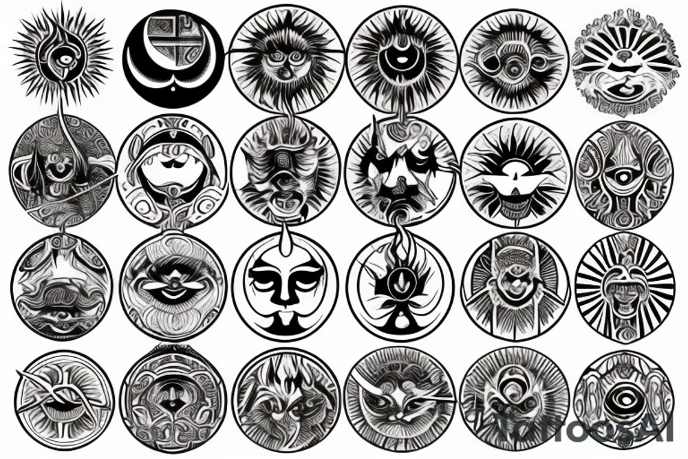 Sun and fire, moon and king with a warrior and goddess parvathi's symbol tattoo idea