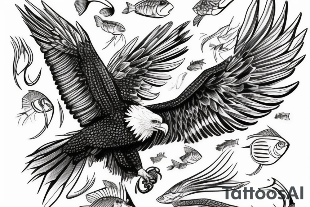 Bald eagle with yellow eyes holding a fish tattoo idea