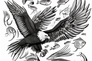 Bald eagle with yellow eyes holding a fish tattoo idea