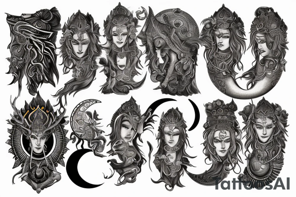 Sun and fire, moon and king with a warrior and goddess parvathi's symbol tattoo idea