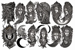 Sun and fire, moon and king with a warrior and goddess parvathi's symbol tattoo idea