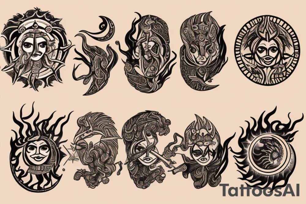 Sun and fire, moon and king with a warrior and goddess parvathi's symbol tattoo idea