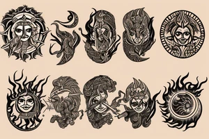 Sun and fire, moon and king with a warrior and goddess parvathi's symbol tattoo idea