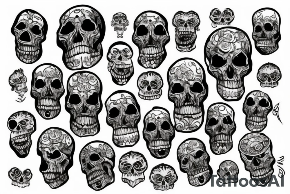 three skulls, one is on the chest others on the shoulders looking the side ways tattoo idea
