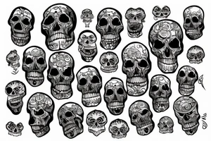 three skulls, one is on the chest others on the shoulders looking the side ways tattoo idea