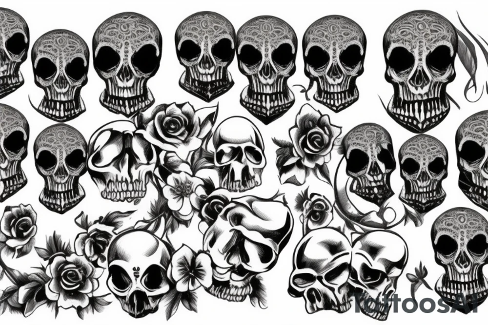 three skulls, one is on the chest others on the shoulders looking the side ways tattoo idea