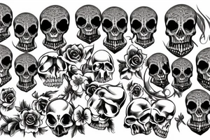 three skulls, one is on the chest others on the shoulders looking the side ways tattoo idea