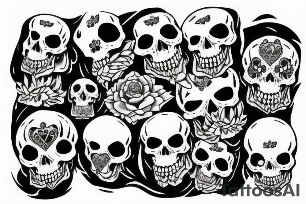 three skulls, one is on the chest others on the shoulders looking the side ways tattoo idea