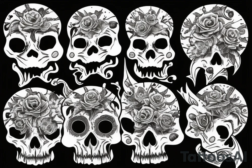 three skulls, one is on the chest others on the shoulders looking the side ways tattoo idea