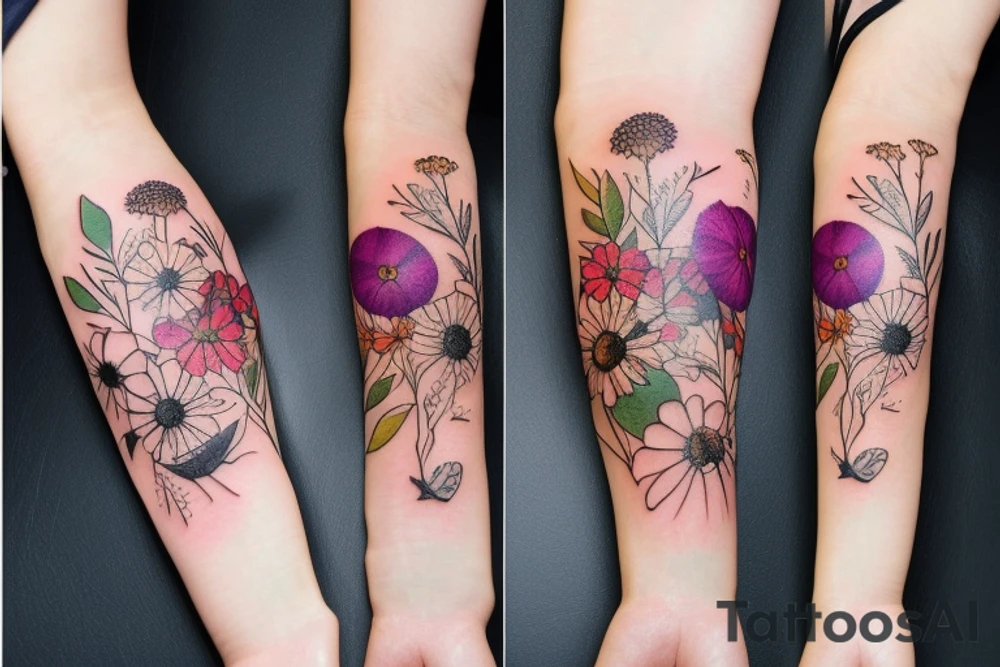 bouquet of wild flowers with a bee tattoo idea