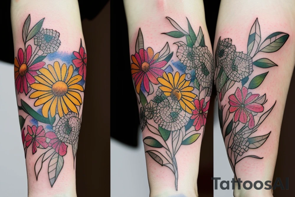 bouquet of wild flowers with a bee tattoo idea
