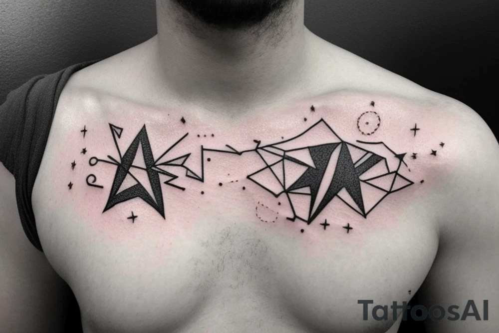 A constellation tattoo with the names of the stars or a quote that inspires the person to explore the universe. Placement is on a male chest pec tattoo idea